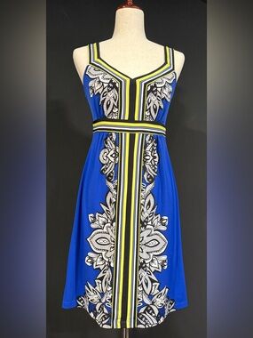 Blue Printed Dress with Yellow-Trim Accents